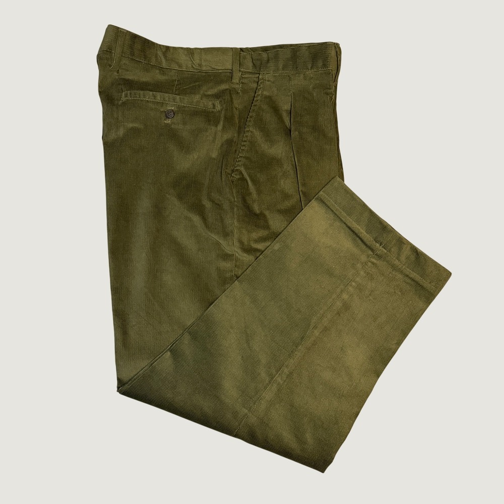 Lands End Corduroy Pants 38 Olive Green Cotton Stretch Pleated Traditional Fit